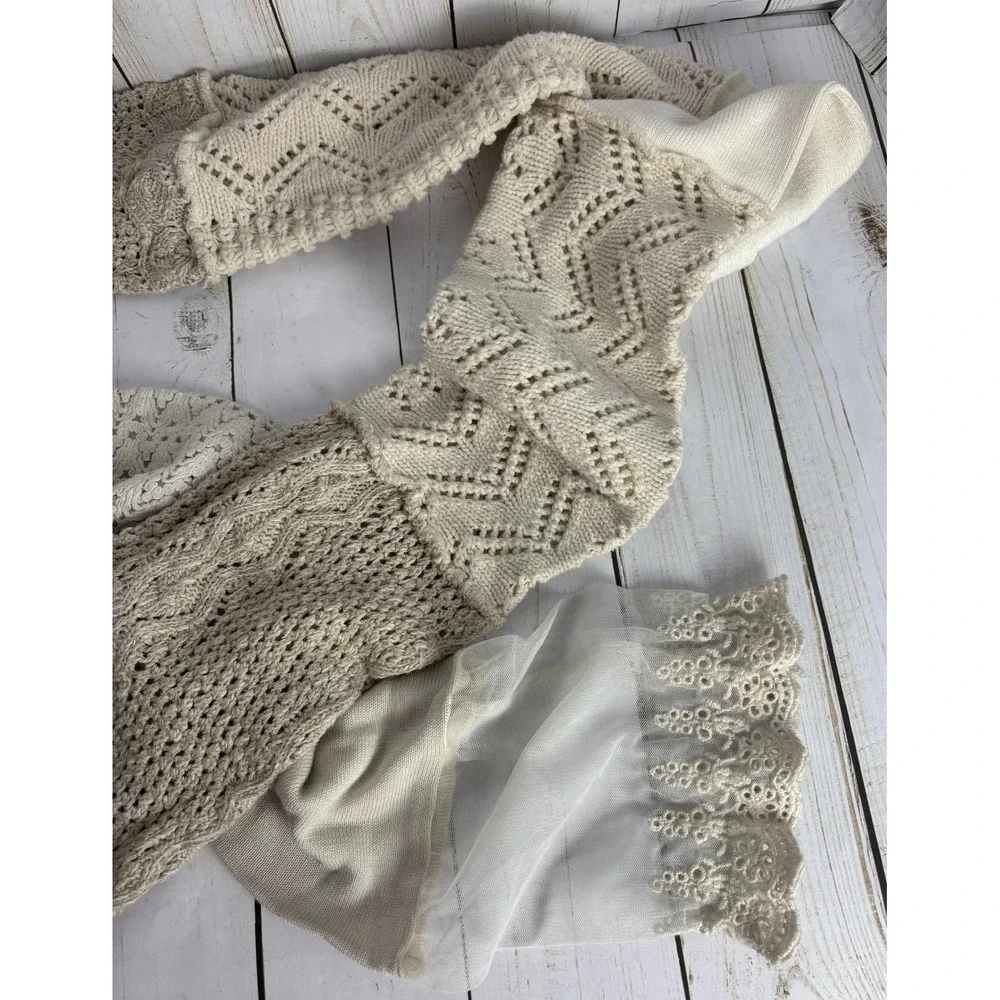Boho Mixed Knit Patchwork Scarf Cream Beige Lace Trim Crochet Pointelle 2315